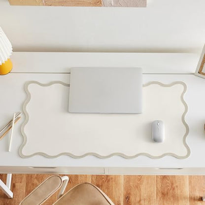 Scalloped Desk Mat, 31.5" x 15.7", PU Leather, Waterproof Anti-Slip, Cute Aesthetic Desk Pad for Office/Home/Game/Vanity (Beige, 31.5" x 15.7") - color: Beige