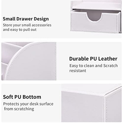 KINGFOM Pu Leather Desk Organizer Pen Pencil Holder Office Supplies Caddy Storage Box 6 Compartments with Drawer White (Full Pu Leather) - color: White