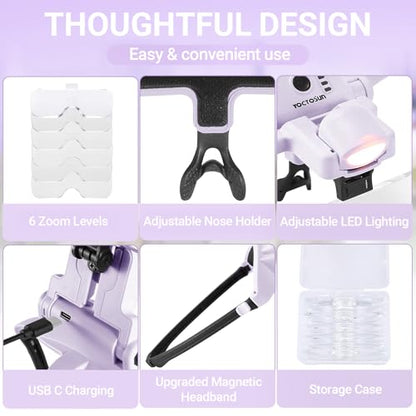 YOCTOSUN Magnifying Glass with Light, 1.0X–4.0X Headband Magnifier - color: Purple
