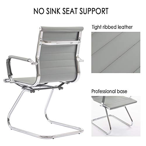 Conference Room Chairs Set of 2, Waiting Room Chairs with Arms, Faux Leather Reception Chairs No Wheels, Office Guest Chairs with Mid Back Support and Chrome Sled Base, Grey - color: Grey, size: 2PCS