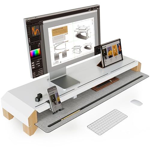 Fenge Monitor Stand with Solid Beech Wood Legs & Sliding Phone Holder