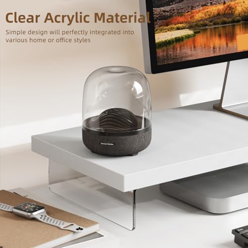 Dual Monitor Stand Riser, 40x10 in Wood & Acrylic Desktop Organizer Shelf - color: White, size: 40*10 Inch