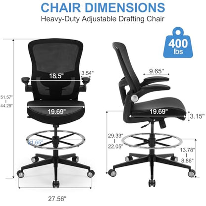 Drafting Chair 400lbs Heavy Duty Tall Office Chair Big and Tall Ergonomic Standing Desk Chair with Lumbar Support and Adjustable Footrest Ring, Comfy Mesh Wide Chair with Flip-up Armrests, Black