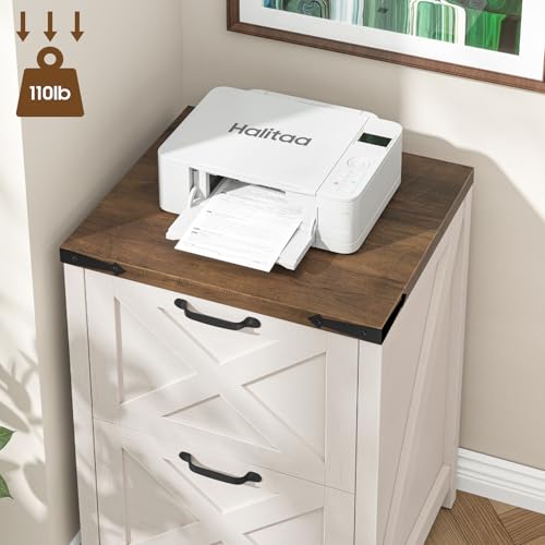 Halitaa Farmhouse File Cabinet with 2 Drawers for Home Office, Rustic White | Vertical Filing Cabinet Fits Letter and A4 Size, Farmhouse Printer Stand, Under Desk Wooden File Cabinet - color: Rustic White