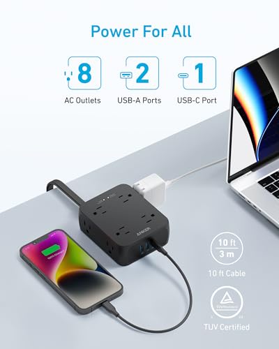Anker Power Strip with 2000J Surge Protector, 10ft Outlet Extender, 20W 8AC - color: Black, size: 10FT