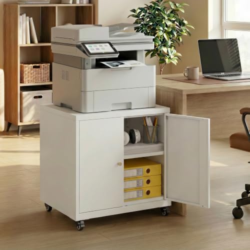 23.6" Metal Printer Stand with Storage Cabinet & Adjustable Shelf | Rolling Printer Cabinet with Wheels for Home Office, Office Storage, White - color: White, size: 21.6"D x 23.6"W x 23.6"H