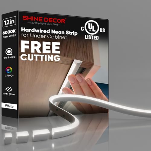 Under Cabinet Lighting Strip, Free Cuttable LED Silicone Neon Rope Hardwired 24V Anti-Glare Bright Cozy 252 Lumen for Indoor, Adhesive White Shell 6000K Cool 12” UL Certified, No Adapter - color: Cool LEDs + White Shell, size: 12 inch