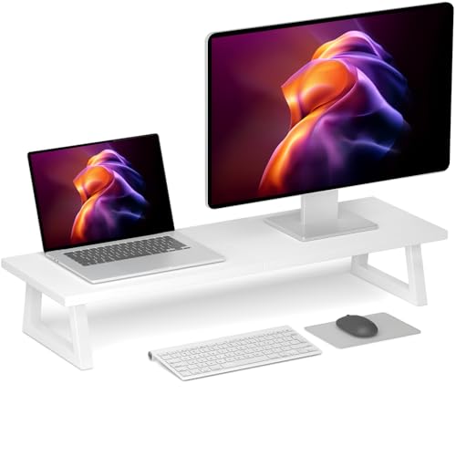 TEAMIX White Dual Monitor Stand Riser, 31.5 inch Long Stand, Desk Organizer | For Computer, Laptop, PC, Printer, Wood & Steel TV Stand, Holds 150lbs, Keyboard & PS5 Storage, For Home Office & Gaming - color: White, size: 31.5 inch