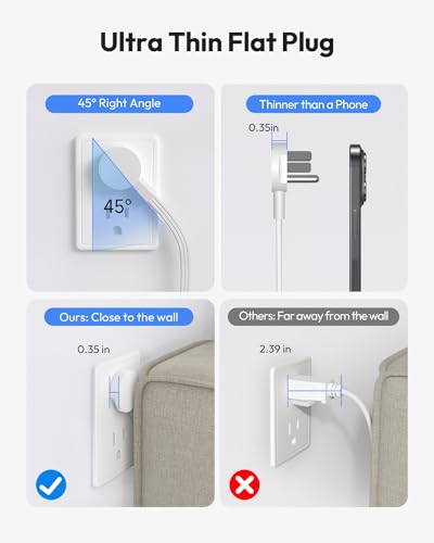 Flat Extension Cord 25 FT, NTONPOWER Long Power Strip, 10 Outlets 4 USB Ports (2 USB C), 3 Side 3 Prong & 2 Prong, Overload Protection, Flat Plug Wall Mount, White, SurgePro (Pack of 2) - size: 25 FT (Pack of 2)