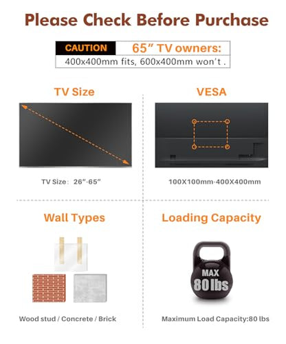 28.3" Long Arm TV Wall Mount for Most 26-65 Inch TV | Corner Wall Mount TV Bracket With Extension Arm Articulating, Swivel and Tilt, Max VESA 400x400mm and Up to 80 lbs