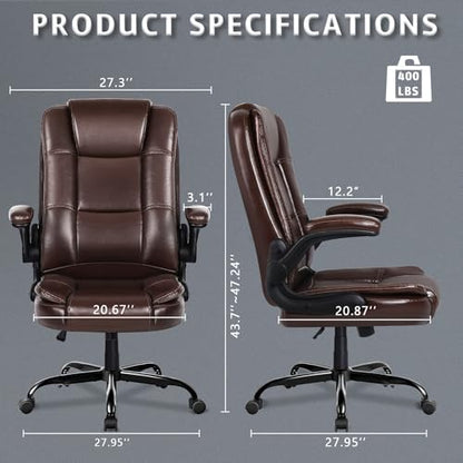LEMBERI Flip-up Arms Office Desk Chair Big and Tall Managerial Executive Chair, High Back Computer Chair Ergonomic Adjustable Height PU Leather Chairs with Armrest for Long Time Sitting - color: New Brown