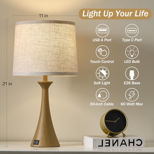 Touch Table Lamps Set of 2, 21" Bedside Lamps with USB C+A | 3 Way Dimmable Nightstand Lamps with Linen Shades, 2 LED Bulbs Included, Touch Lamp for Living Room, Bedroom and End Tables - color: Wood Grain