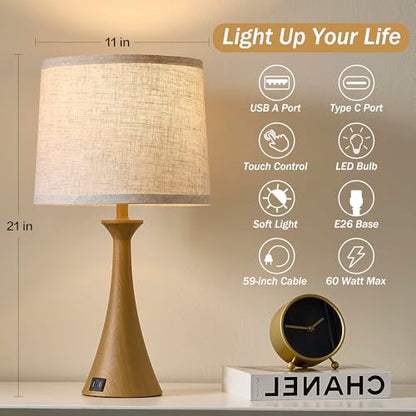 Touch Table Lamps Set of 2, 21" Bedside Lamps with USB C+A | 3 Way Dimmable Nightstand Lamps with Linen Shades, 2 LED Bulbs Included, Touch Lamp for Living Room, Bedroom and End Tables - color: Wood Grain