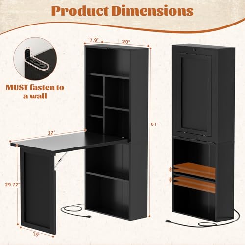 Small Folding Desk with Outlets, Fold-Out Murphy Desk Craft Table | Foldable Wall Mounted Desk Cabinet with Storage, Craft Cabinet with Fold Out Table, Multi-Function Desk for Small Spaces - color: Black