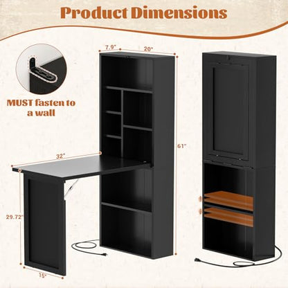 Small Folding Desk with Outlets, Fold-Out Murphy Desk Craft Table | Foldable Wall Mounted Desk Cabinet with Storage, Craft Cabinet with Fold Out Table, Multi-Function Desk for Small Spaces - color: Black