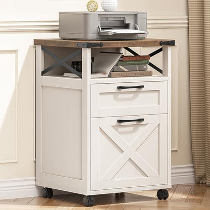Vabches Office Filing Vertical Cabinet with 2 Drawers, Unique White | Farmhouse Filing Cabinet with Open Storage Space, Wheels and Printer Stand for Hanging Files Letter/A4 for Home Office. - color: Unique White, style: Vertical