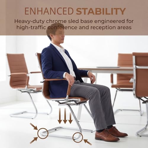 Conference Room Chairs Set of 6, Waiting Room Chairs with Arms, Faux Leather Reception Chairs No Wheels, Office Guest Chairs with Mid Back Support and Chrome Sled Base, Cafe - color: Cafe, size: 6PCS
