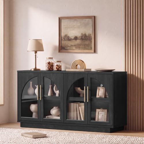 Fatmok 59" Arched Glass Sideboard Buffet Display Cabinet,Grey Black Oak - color: B-black Grey