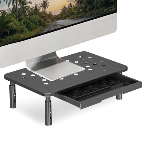 Ergonomic Monitor Stand Riser with Drawer, 3 Height Adjustable (3.9/4.7/5.5 inch) Heavy Duty Carbon Steel+PE Computer Desk Organizer with Storage for Laptop Printer Dual Screens, 14.6 x 9.1 inch (Black) - color: Black