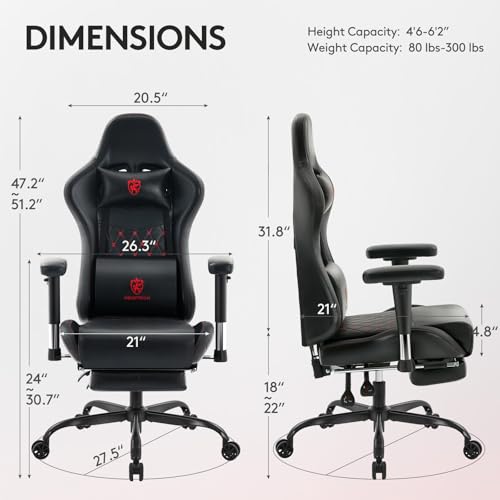 Gaming Chair,Office Chair with Footrest,Massage,Black Red | Gel Pad,Ergonomic,Spring Cushion,High Back,2D Adjustable Arms,Reclining,Lumbar Support,Headrest,Leather Gamer Chair - color: Black Red