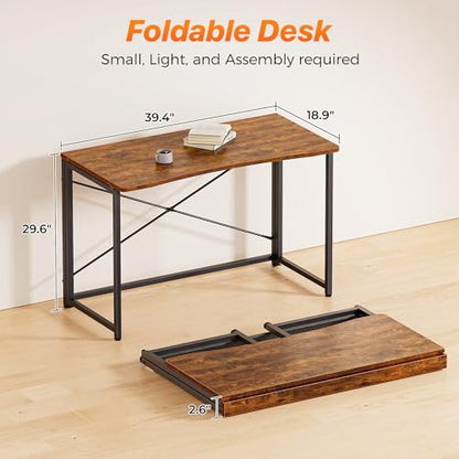 Huuger Folding Desk for Small Spaces, 39.4 Inch Foldable Computer Table - color: Rustic Brown, size: 18.9"D x 39.4"W