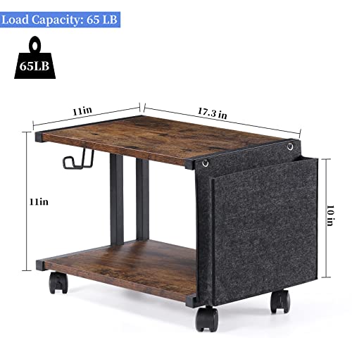 Printer Stand with Storage Bag Under Desk Printer Table on Wheels 2 Tier Small Desktop Rolling Stand Shelf for Fax Machine Scanner Files (Brown) - color: Brown