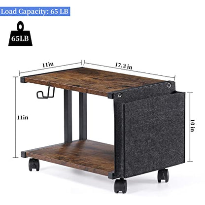 Printer Stand with Storage Bag Under Desk Printer Table on Wheels 2 Tier Small Desktop Rolling Stand Shelf for Fax Machine Scanner Files (Brown) - color: Brown