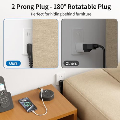 2 Prong Power Strip with 10ft Extension Cord, NTONPOWER 1875W/15A, 180° Rotating Plug, 2 Prong to 3 Prong Outlet Adapter, Wall Mountable, 3 AC Outlets & 2 USB A & 2 USB C, Ideal for Older House Office - size: 10ft