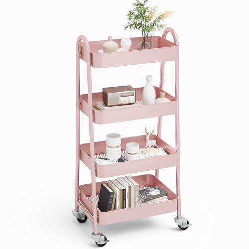 NEWBULIG 4-Shelf Metal Rolling Storage Utility Cart with Lockable Wheels - color: Pink, size: 4-Tiers