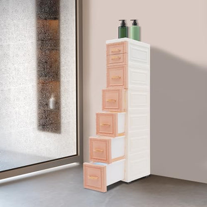 6-Drawer Narrow Storage Cabinet, Slim Rolling Cart, Mobile Plastic Cart Container with Pull Handles, Built-in Wheels, for Living Room, Kitchen, Bathroom, Office, 12.6 * 7.1 * 39.4in, Orange