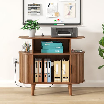 Fiogmub Round Printer Stand with Charging Station & USB Ports - color: Walnut