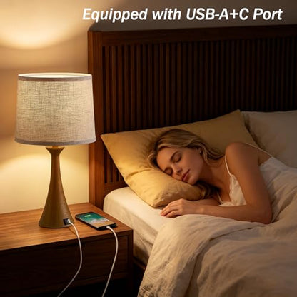 Touch Table Lamps Set of 2, 21" Bedside Lamps with USB C+A | 3 Way Dimmable Nightstand Lamps with Linen Shades, 2 LED Bulbs Included, Touch Lamp for Living Room, Bedroom and End Tables - color: Wood Grain
