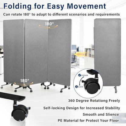 3-Panel Portable Office Partition,Mobile Acoustic Wall Divider with Wheels - color: Light Gray, size: 3 Panel-72"Wide
