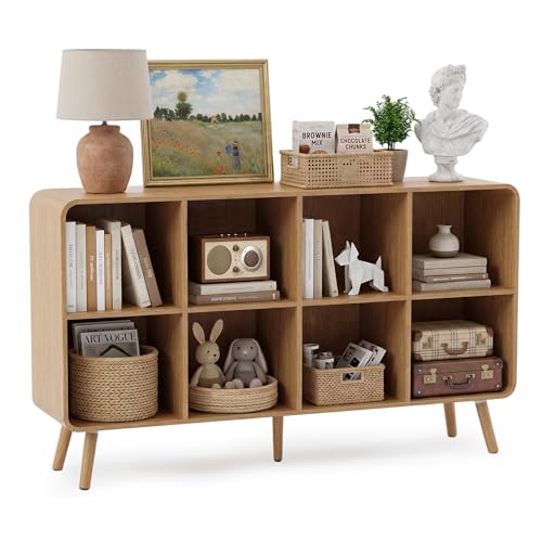 8 Cube Bookshelf - 46.5" Wood Cube Bookcase with Legs, Open Cubby Bookshelves with Curved Profile Design for Bedroom, Living Room,Home Office, Nature - size: 8 Cube