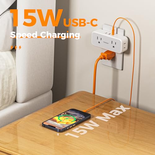 TESSAN Wall Outlet Extender, Multi Plug Mini Wall Expander, Grey - color: Grey with USB-C, size: 7 Outlets