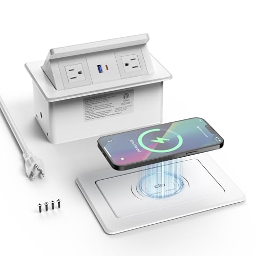 QBA Pop up Power Outlet with 15W Wireless Charger, Recessed Power Strip with USB-C PD 20W, 2 Outlets, Desk Charging Station for Conference Room Kitchen Countertop, ETL Listed - color: White