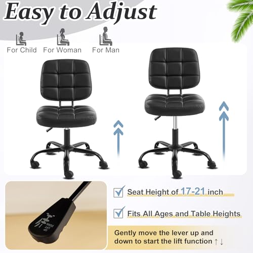 VINGLI Compact Small Desk Chair, Cute Armless Chair with Wheels, Vanity Chair with Low Back, Height Adjustable Task Chair for Small Spaces, Office, Bedroom, Make Up Room, PU Leather, Black - color: Black