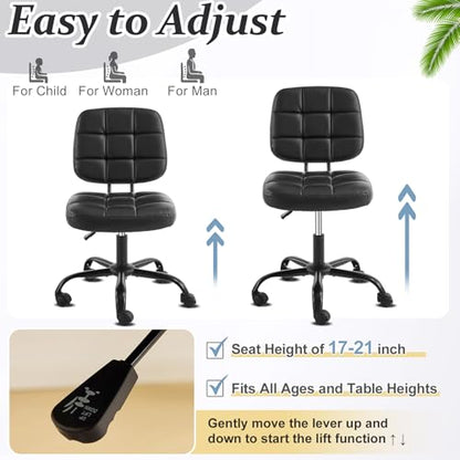 VINGLI Compact Small Desk Chair, Cute Armless Chair with Wheels, Vanity Chair with Low Back, Height Adjustable Task Chair for Small Spaces, Office, Bedroom, Make Up Room, PU Leather, Black - color: Black
