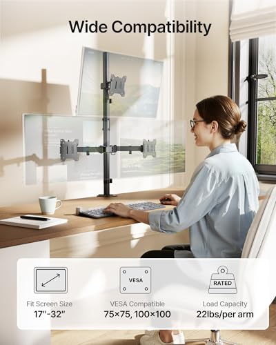 monTEK Triple Monitor Stand for 17-32" Screens, 22 lbs Each | Three-screen desk mount, height adjustment, tilt, swivel, rotation, clamp/grommet bases and VESA 75/100 - size: Triple Monitor