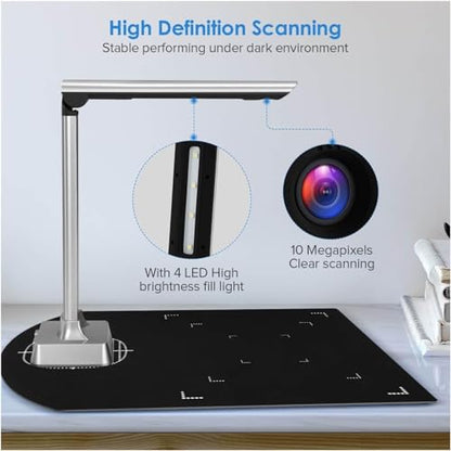 Document Scanner, HD Book Camera with 4 LED Fill Lights, Portable Document Scanner, Automatic Correction for Passport and Card Recognition
