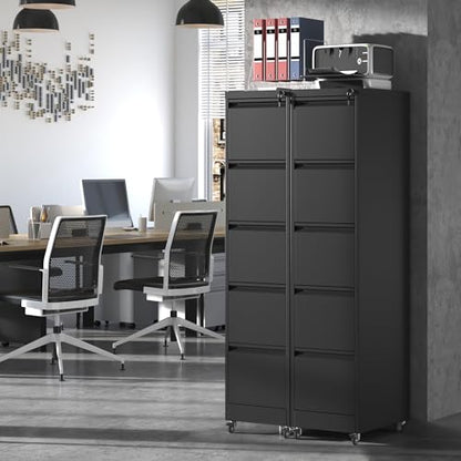 IKIMI 5 Drawer Mobile File Cabinet with Lock,Black Metal Filing Cabinets - color: Black, size: 5 Drawers with Wheels