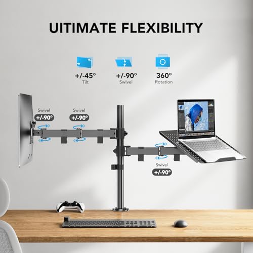HUANUO Adjustable Monitor Arm with Laptop Tray, Single Desk Mount for 13-32" VESA Monitors up to 22 lbs, 14" x 12" Laptop Tray