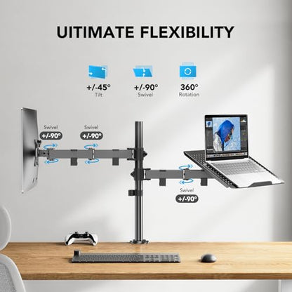 HUANUO Adjustable Monitor Arm with Laptop Tray, Single Desk Mount for 13-32" VESA Monitors up to 22 lbs, 14" x 12" Laptop Tray