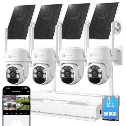 xmartO Wire-Free Solar PTZ AI Tracking Security Camera System, 4-Cam Kit, 4MP 2K QHD + 4K 10CH Expandable WiFi NVR, All-Weather Solar Charge, PIR Sensor, Easy Installation, No Monthly Fee, 500GB - style: 4-CAM KIT