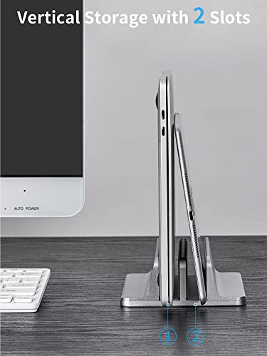 JARLINK Double Vertical Laptop Stand, Adjustable Aluminum Desk Dock, Black - color: Grey, size: 2-slot