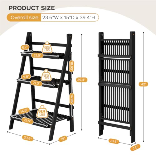 39.4" Foldable Ladder Shelf Plant Shelf, 3 Tier Bamboo Ladder Bookshelf - color: 3-Tier Black