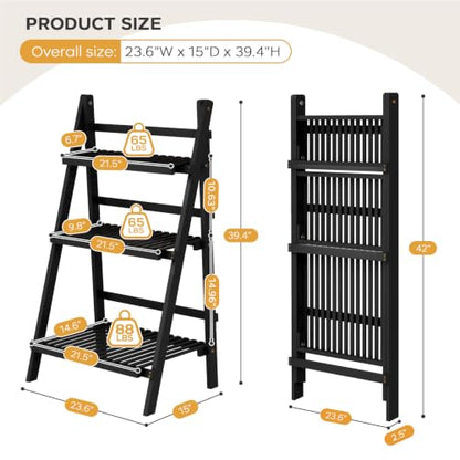 39.4" Foldable Ladder Shelf Plant Shelf, 3 Tier Bamboo Ladder Bookshelf - color: 3-Tier Black