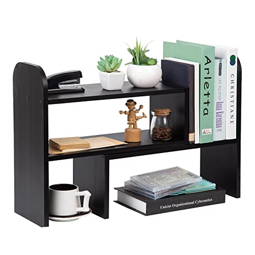 Desktop Adjustable Natural Wood Book Shelf Organizer Office Storage Rack Display Stand Caddy Set Expandable Desk Organizer (Black) - color: Black