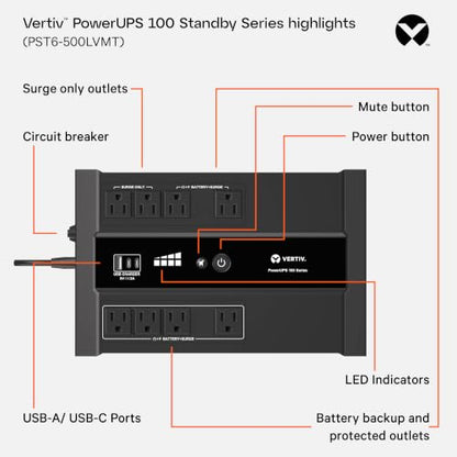 Vertiv Liebert PowerUPS 100 PST6-700LVMT Battery Backup UPS 700VA USB-C+A - size: 700va/425w