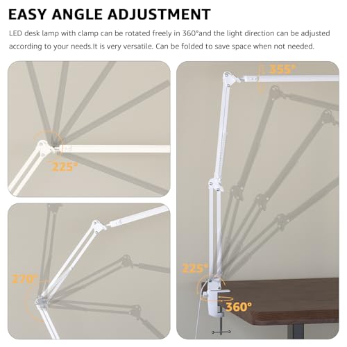Upgrade Swing Arm LED Desk Lamp with Clamp, 80 LED Beads, 5 Color Modes & 11 Brightness Levels, 360° Adjustable Arm, Eye-Caring Light CRI95, Timer & Memory Function, for Office, Study, Crafting - color: Clip-White